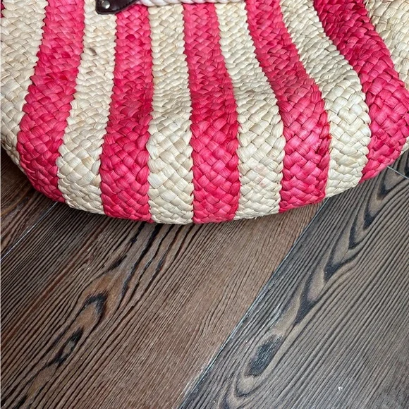 Red straw Cornhusk tote bag nautical stripes rope handles wood anchor - Picture 9 of 12
